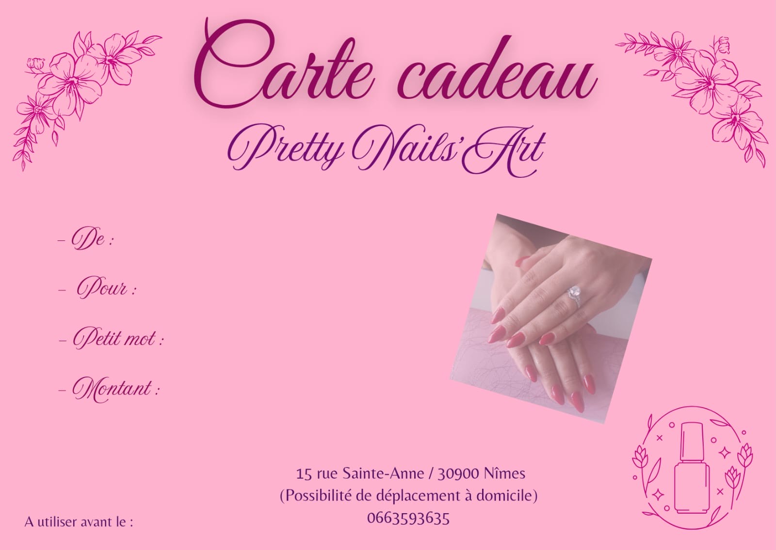 Carte cadeau beauté à Nîmes - Design de la carte cadeau Pretty Nails Art