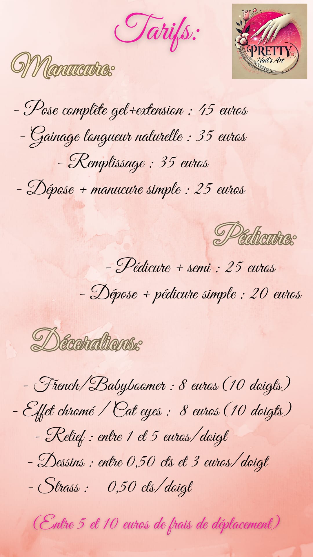 Grille tarifaire Pretty Nails Art - Tarifs manucure, pédicure et décorations à domicile Nîmes